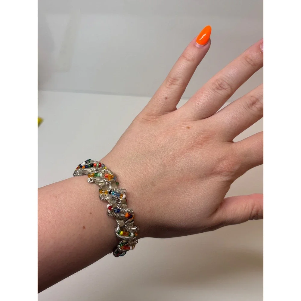 Vintage Silver Tone Wire Wrap Cuff Bracelet Multi Color Seed Beads Industrial